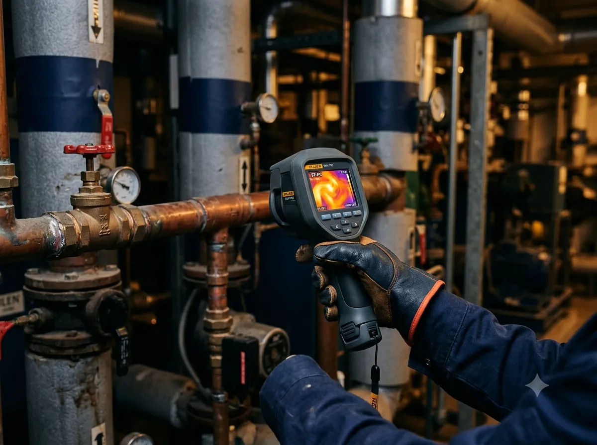 Energetický specialista měří termokamerou rozvody v kotelně